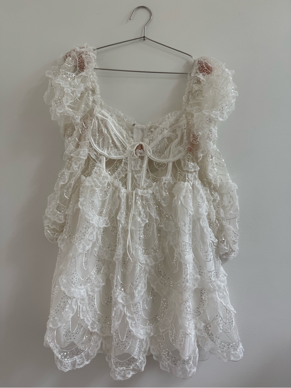 For Love & Lemons White Lace Ruffled Mini Dress